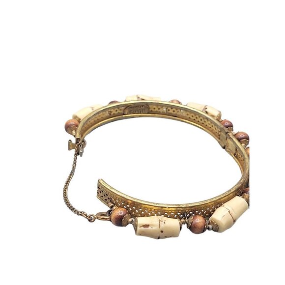 Miriam Haskell Rare Hinged Clamper Bangle Bracelet Resin Bamboo Wood Beads 6.5" - Picture 12 of 14